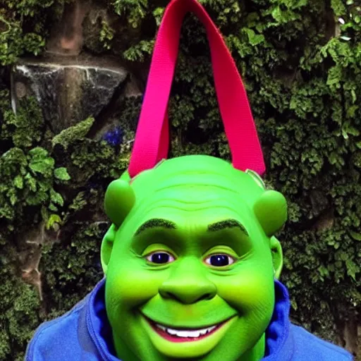 Prompt: a children's bag inspired and themed by shrek's design, a bag in the shape of shrek, high quality product, product design, sherek head design as a bottle,