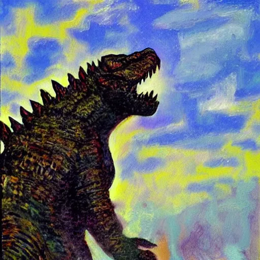 Image similar to impressionist painting of Godzilla in the style of Charles R. Knight