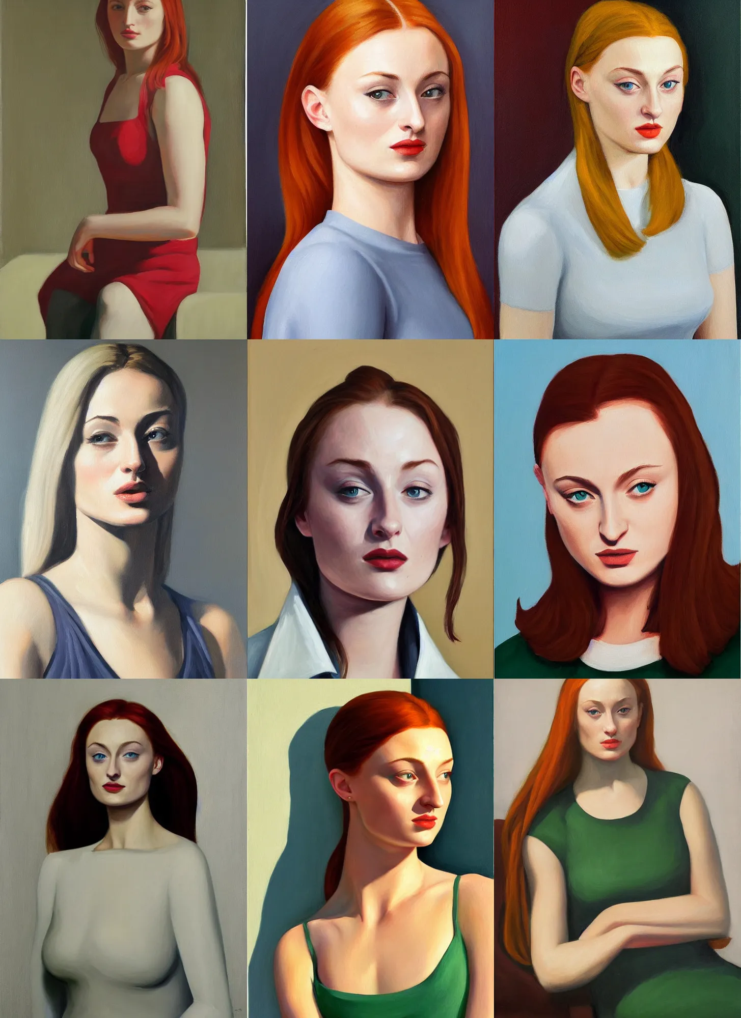 Prompt: minimalist sophie turner portrait oil painting by edward hopper, high quality