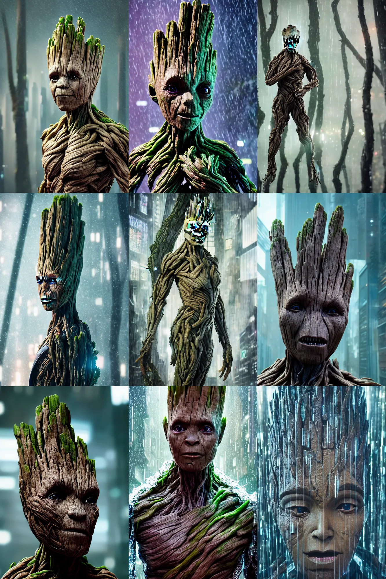 Prompt: Cinestill 50d, 8K, highly detailed, guardians of the galaxy groot style 3/4 extreme closeup portrait, eye contact, focus on clear transparent raincoat model, tilt shift zaha hadid style forest background: famous blade runner remake, tokyo izakaya scene