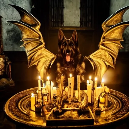 Image similar to gothic ritual with many golden candles, german shepherd with dragon wings in gothic makeup performing ritual, gloomy, candlelight, intricate detail faces, fireplace wide angle shot photograph