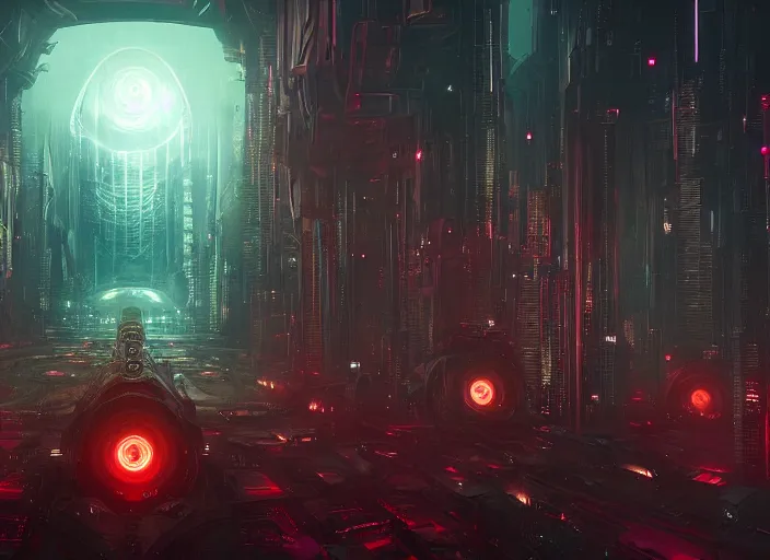 Image similar to a futuristic city with a giant lovecraftian cthulu eye in the center, cyberpunk art by neil blevins, cgsociety, fantasy art, dystopian art, cryengine, redshift vibes