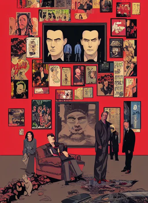 Prompt: Twin Peaks TV show comic book cover movie poster artwork by Tomer Hanuka, Rendering of the red cheveron pattern room full of details, Michael Whelan, Patryk Hardziej, Makoto Shinkai and thomas kinkade, by Gregory Crewdson, Matte painting, trending on artstation and unreal engine