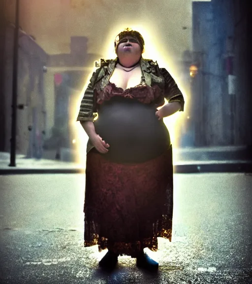 Prompt: portrait of a steampunk fat woman, volumetric lighting, cinematic,4k,35mm,street photo, epic