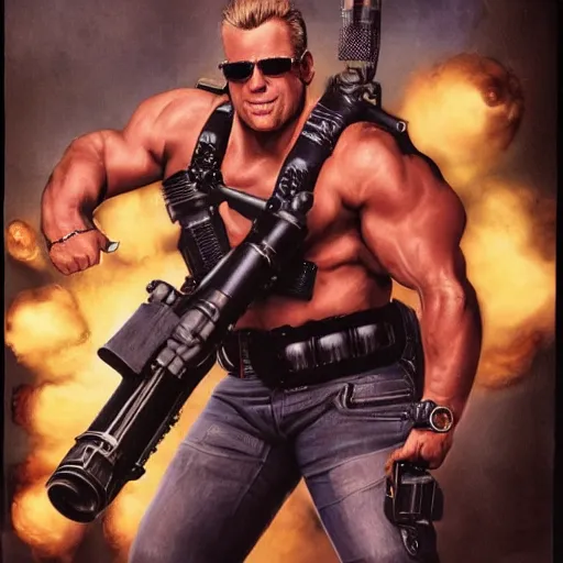 Image similar to UHD candid photo of Duke Nukem holding a Gatling gun in a crowded theater, accurate faces, UHD, photorealistic, correct face, photo by Annie Leibowitz