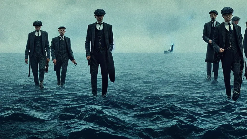 Image similar to photo of the Peaky Blinders coming out of the ocean, extreme detailed face, spaceship far on the background, film still from the movie directed by Denis Villeneuve with art direction by Zdzisław Beksiński, wide lens