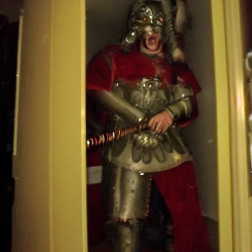 Prompt: grainy photo of a roman centurion as a creepy monster in a closet, harsh flash