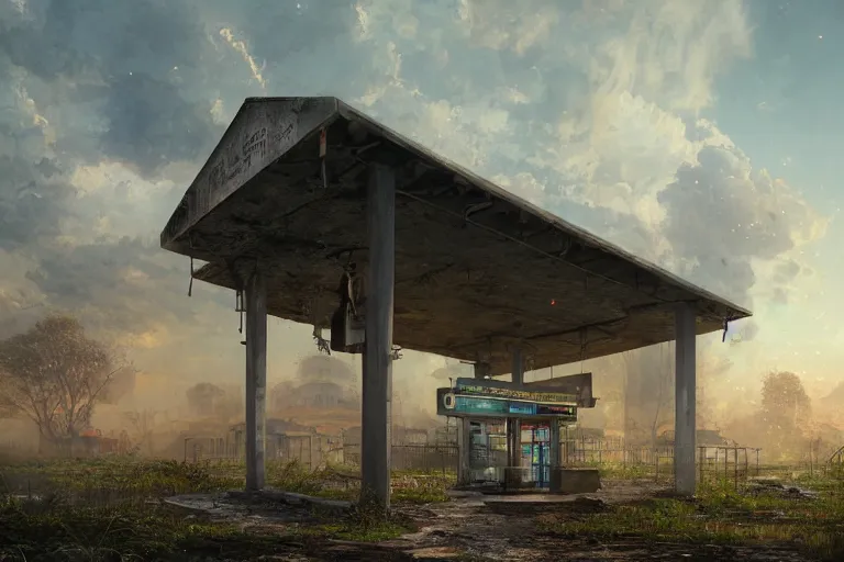 Prompt: highly detailed 4K fantasy matte painting of an abandoned gas station near the road in a kerala village, dystopian style detailed digital art by Greg Rutkowski and Thomas Kinkade, trending on Artstation