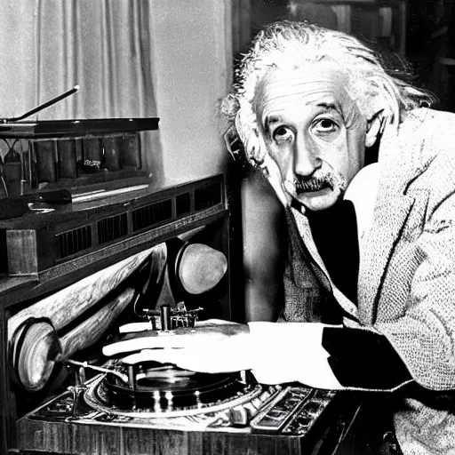 Image similar to photo of Albert Einstein DJing a phonograph, vintage, highly detailed facial features