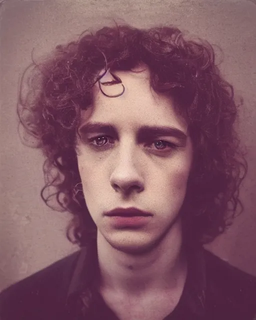 Image similar to an instant photo of a beautiful but sinister young man in layers of fear, with haunted eyes and curly hair, 1 9 7 0 s, seventies, delicate embellishments, a little blood, crimson, painterly, offset printing technique, mary jane ansell