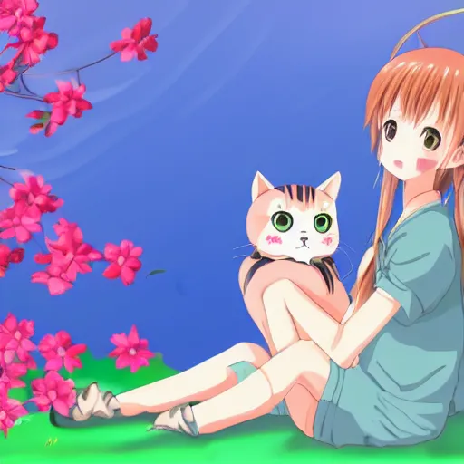 Image similar to anime girl with cat sitting in garden on hot summer, 8k, high quality,