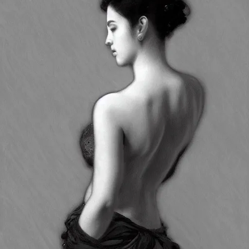 Image similar to black and white image silhouette photo of a very very very beautiful female back | hyperrealistic | lush background | action pose | digital painting | trending on artstation | pinup portrait | clean | illustration | dressed | 8 k resolution | rubenesque | by greg rutkowski alphonse mucha gustav klimt and mel ramos