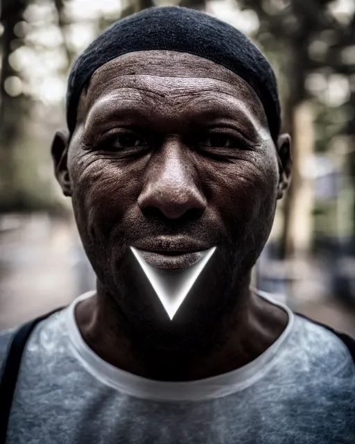 Image similar to scary photo of a man with equilateral triangle instead of his mouth, hyperrealism, bokeh, 8k, trending on