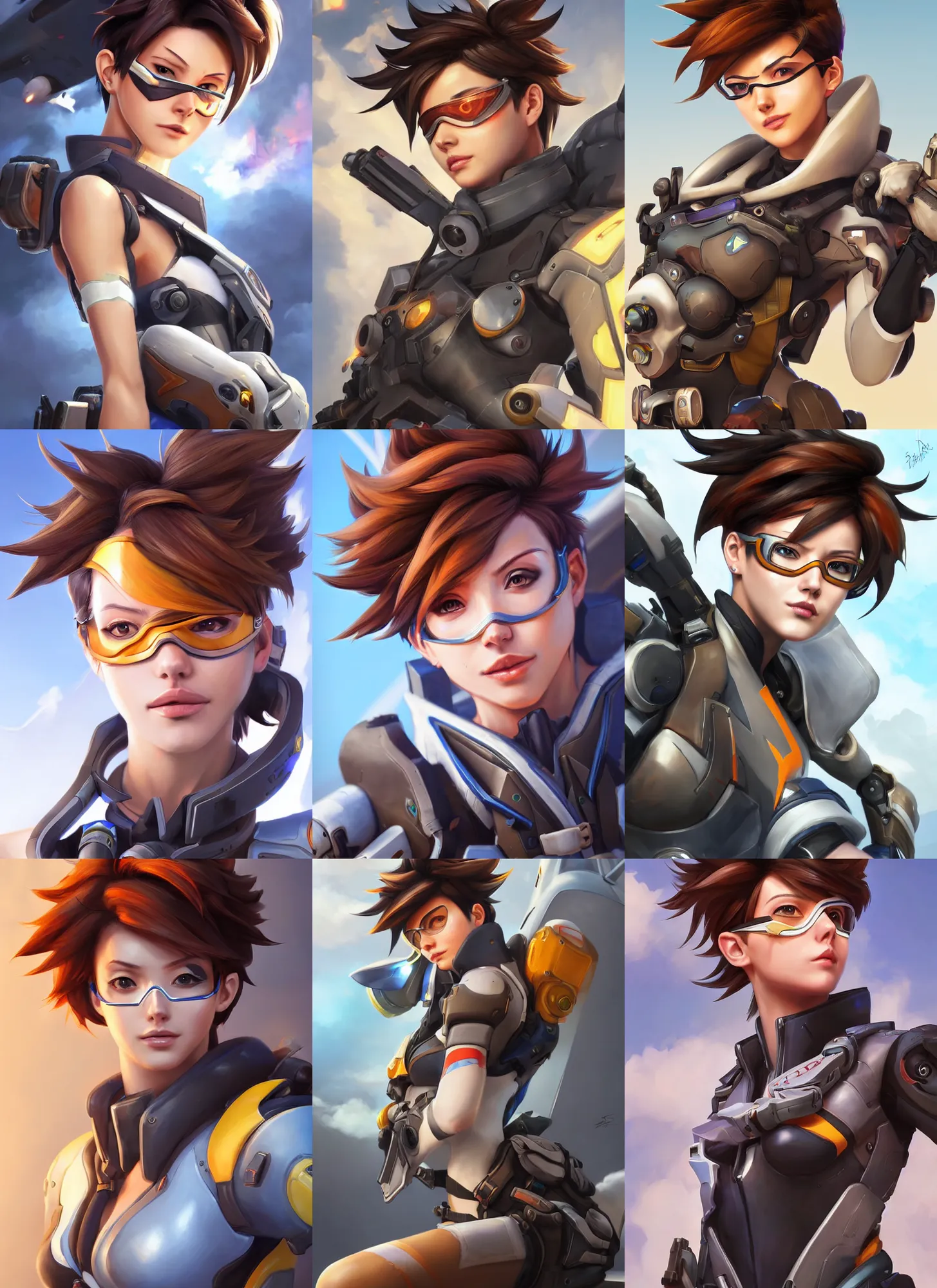 Prompt: A beautiful portrait of Tracer from Overwatch standing next to a fighter jet, long shot, realistic, highly detailed, by Stanley Artgerm Lau, WLOP, and Rossdraws, digtial painting, trending on ArtStation