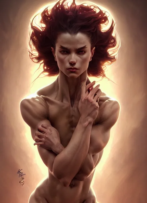 Image similar to muscular goddess dancer of the underworld, severe expression, crooked nose, shiny, intricate, elegant, highly detailed, ultra definition, digital painting, artstation, vray, concept art, smooth, high speed photography, illustration, art by artgerm and greg rutkowski and alphonse mucha and james jean