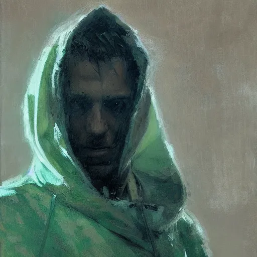 Image similar to portrait of a chad programmer with green hood by jeremy mann, dramatic lighting