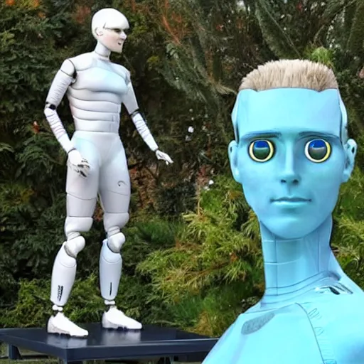 Image similar to a realistic detailed photo of a guy who is an attractive humanoid who is half robot and half humanoid, who is a male android, soccer player timo werner, shiny skin, posing like a statue, blank stare, by the pool, on display, showing off his muscles, humanoid robot, frozen ice statue, made of ice