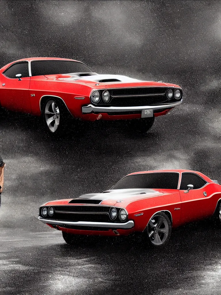 Image similar to a realistic detailed photo of karl havoc driving a 1 9 7 0 dodge challenger in the rain, character concept, cinematic lighting, global illumination radiating a glowing aura, i think you should leave