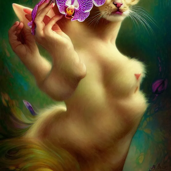 Image similar to psychedelic kitten made of orchid, diffuse lighting, fantasy, intricate, elegant, highly detailed, lifelike, photorealistic, digital painting, artstation, illustration, concept art, smooth, sharp focus, art by John Collier and Albert Aublet and Krenz Cushart and Artem Demura and Alphonse Mucha