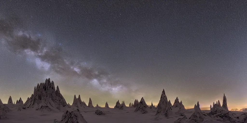 Image similar to The calm before the storm on the planet of crystal spires, milkyway long exposure sky, 8k