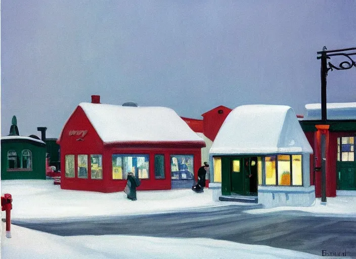 Image similar to a peaceful view of a finnish town in winter, snowfall, gas station cafe, painting by edward hopper