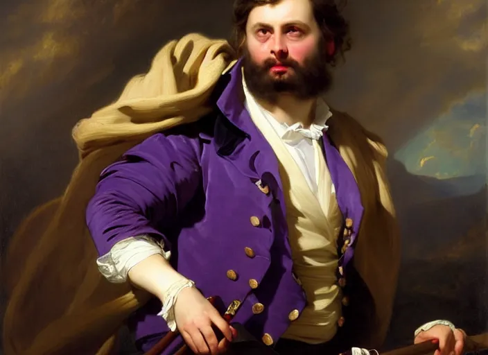 Prompt: a beautiful full body portrait of a man with a purple sweater trembling with fear in the shadows of a massive hammer with the word'ban'in it, art by franz xaver winterhalter, highly detailed, elegant, jewlery, romanticism, rococo, neoclassicism, 1 8 5 0 s style painting, oil on canvas, vivid