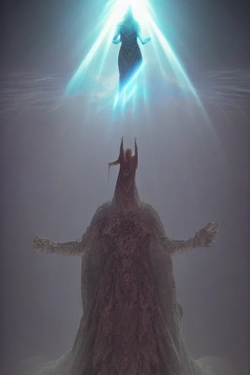 Prompt: godess of artificial intelligence floating above the humanity, sharp focus, god rays, volumetric light, by rozalski, by wayne barlowe, cinematic, light from above, cinematic shot, megalophobia