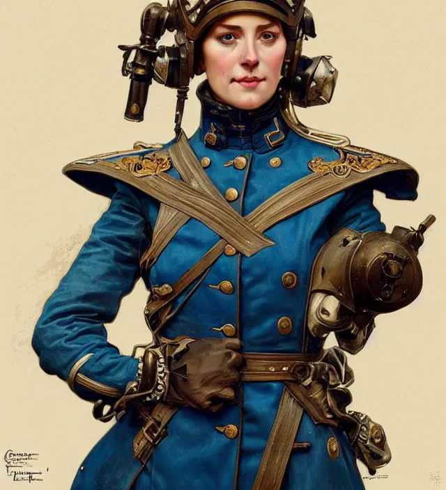 Prompt: portrait of a german woman wearing a blue traditional nineteenth century military jacket, metal shoulder pauldrons, intricate, highly detailed, digital painting, artstation, concept art, sharp focus, cinematic lighting, illustration, art by artgerm and greg rutkowski, alphonse mucha, cgsociety