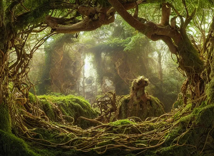 Prompt: jim henson's labyrinth. nest of a giant bird made of broken branches, twigs, moss, and leaves. in a passage in a maze. by edgar maxence and caravaggio and michael whelan and delacroix style, artistic, intricate painting, cinematic lighting, hyper realistic, extremely detailed, 8 k resolution, establishing shot, dramatic lighting