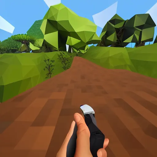 Image similar to vr game, first person, handaxe, axe equipped, variety of fruits on the background, low poly