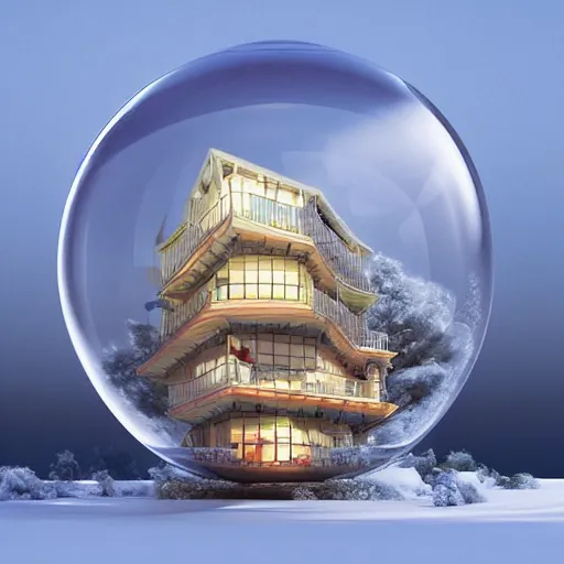 Image similar to a snow globe with a building in it, a computer rendering by leandro erlich, trending on cgsociety, retrofuturism, tesseract, isometric, physically based rendering