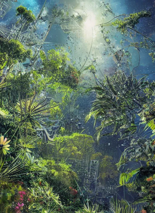 Prompt: photorealistic painting of a giant space - scraper composed almost entirely of plants, digital art, bokeh