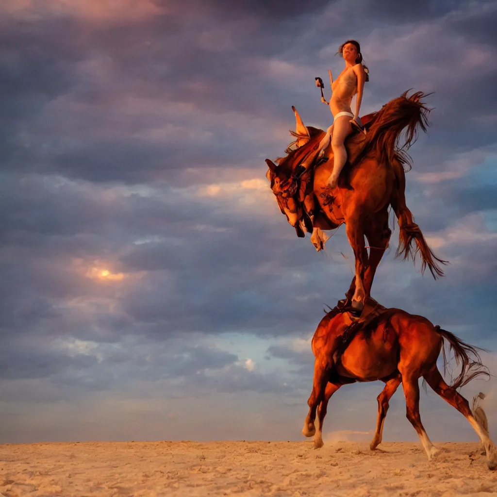 Image similar to Emin Gün Sirer riding a red horse in a white beach, sun sets, dramatic lighting, heroic exposure