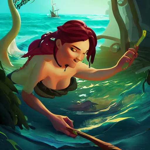 Image similar to painting mermaid treasure on sea of thieves game avatar hero smooth face median photoshop filter cutout vector, behance hd by jesper ejsing, by rhads, makoto shinkai and lois van baarle, ilya kuvshinov, rossdraws global illumination