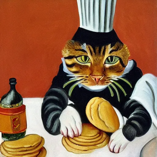 Image similar to a highly detailed painting of a cat with a chef hat baking cookies, done in the style of matisse, caravaggio