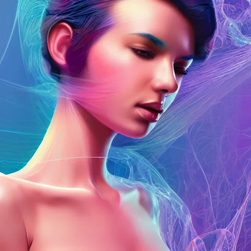 Prompt: a highly detailed digital image of an elegantly posed futuristic woman beautifully intertwined in chromatic liquid like leaves, full body shot, by Andrew Chiampo, artstation, and Frederik Heyman, extremely detailed woman, stunning volumetric lighting, hyper realism, fantasy 4k