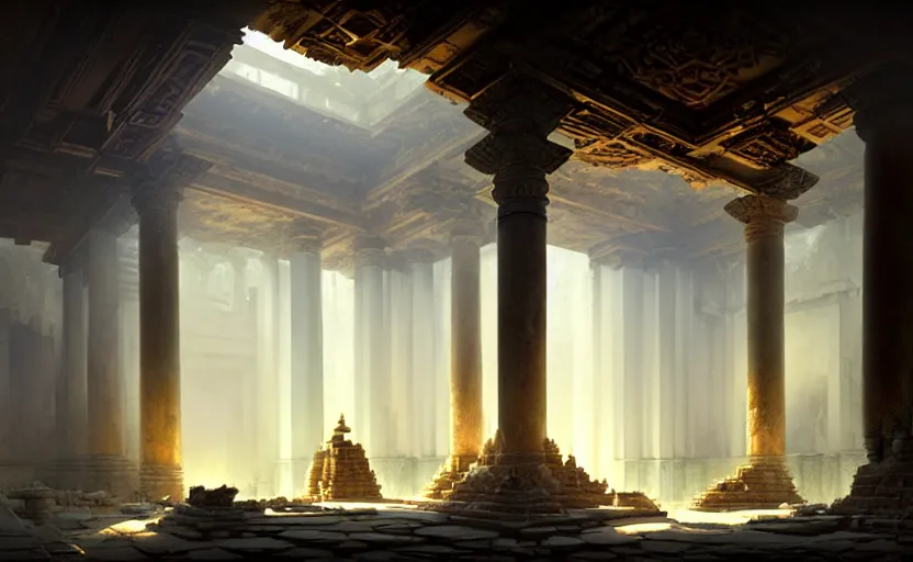 Image similar to The interior of an mytical and ancient temple in ruins, intricate, elegant, volumetric lighting, digital painting, highly detailed, artstation, sharp focus, illustration, concept art, ruan jia, steve mccurry