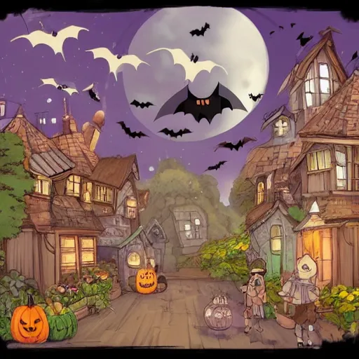 Prompt: a whimsical halloween night in a village in the style of studio ghibli by miyazaki