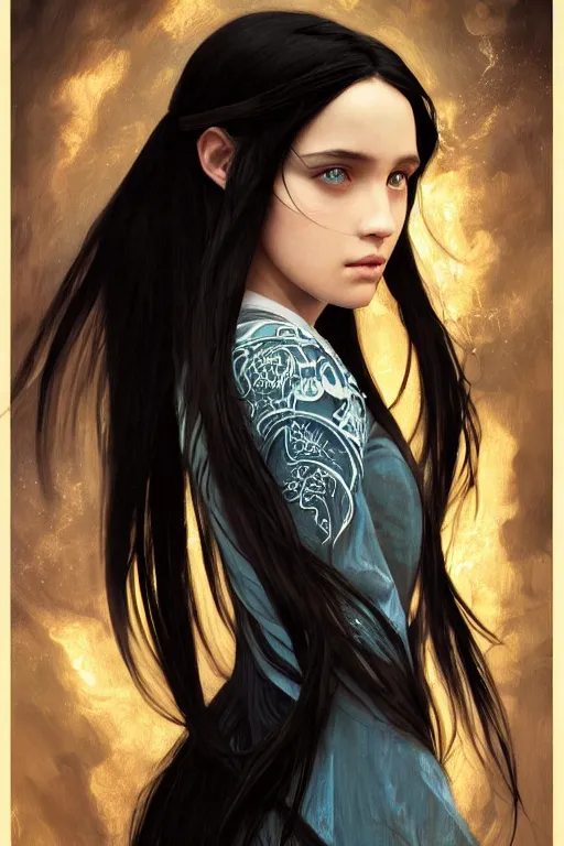 Image similar to portrait of teenage girl with long glossy black hair, blue eyes, glowing skin, fashion model features, fantasy, hogwarts student uniform, intricate, elegant, black dress, highly detailed, digital painting, artstation, concept art, smooth, sharp focus, illustration, art by Krenz Cushart and Artem Demura and alphonse mucha