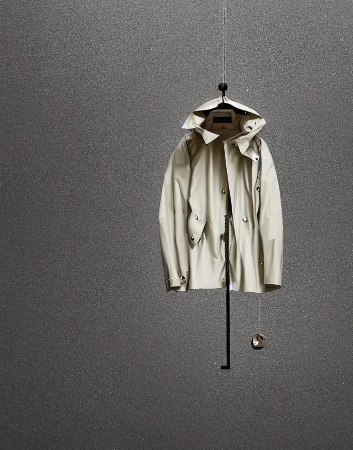 Image similar to close - up portrait of an empty slick fashionable zara raincoat floating suspended mid - air on a glittering rainy display designed by james terrell, wes anderson, symmetry, rule of thirds