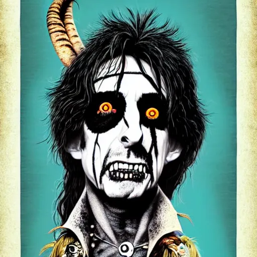 Image similar to graphic illustration, creative design, alice cooper as a goat, biopunk, francis bacon, highly detailed, hunter s thompson, mixed media