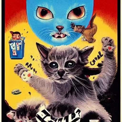 Image similar to Horror movie poster about evil kittens attacking a small town, by Graham Humphreys, movie poster, horror