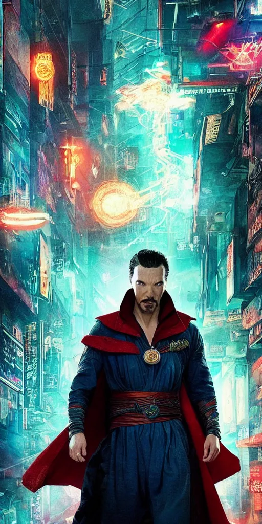 Image similar to cyberpunk, dr strange, photograph, cinematic,