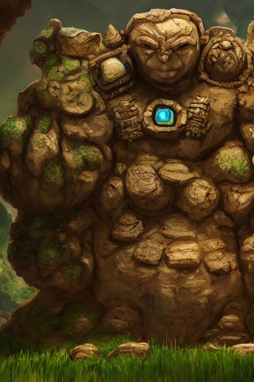 Image similar to zelda fantasy art giant golem troll wood rock greeble gemstone, global illumination ray tracing hdr fanart arstation by sung choi and eric pfeiffer and gabriel garza and casper konefal