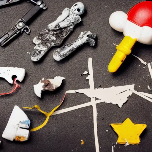 Image similar to a broken toy, crime scene, investigation, evidence, crime photos, night