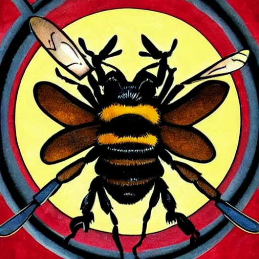 Image similar to a fierce dead bumblebee in the middle of a bloody bullseye at the center of the crosshairs of a gun, art nouveau, fantasy illustration, tarot