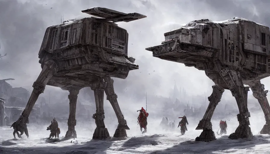 Image similar to baroque painting of at - at walking and destroying villages and cities, hyperdetailed, artstation, cgsociety, 8 k