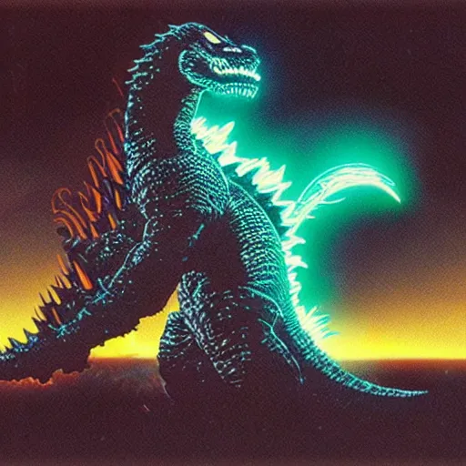 Prompt: the word'godzilla'in the tron font ( 1 9 8 2 )