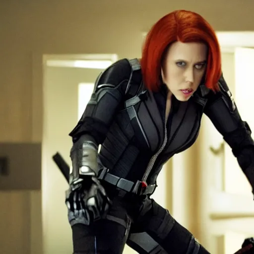 Image similar to a still frame of nicholas cage as black widow, from the 2 0 1 2 film the avengers