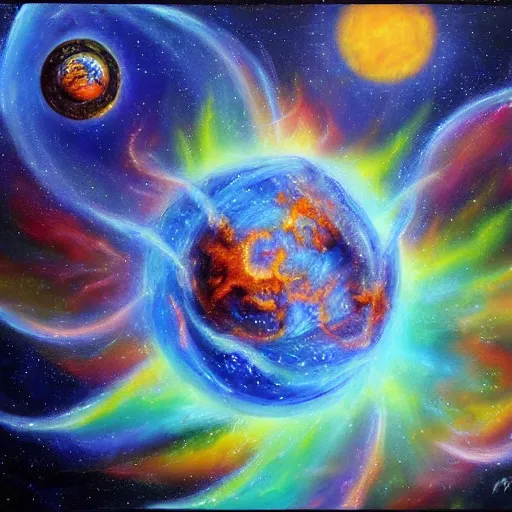 Image similar to prompt chrystalline blue dragon devouring a planet in space, sun system, nebula, oil painting